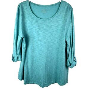 Chicos Ultimate T Shirt Women's 1 US M Solid Turquoise Blue Bell Ruffle Sleeve